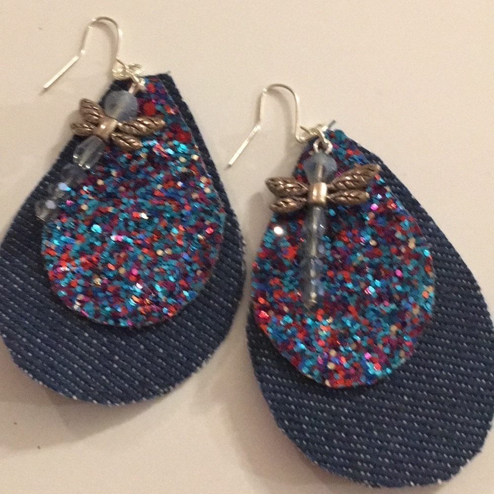 Denim Teardrop Earrings with Dragonfly Charm (W)